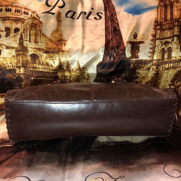 Worthington Chocolate Brown Genuine Leather Satchel Sewn Edges Twisted Handles - Picture 7 of 16